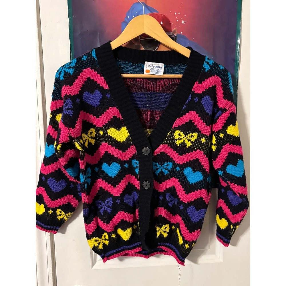 R J Pumpkin 80s 90s Geometric Heart Bow Pattern Cardigan Sweater MISSING button